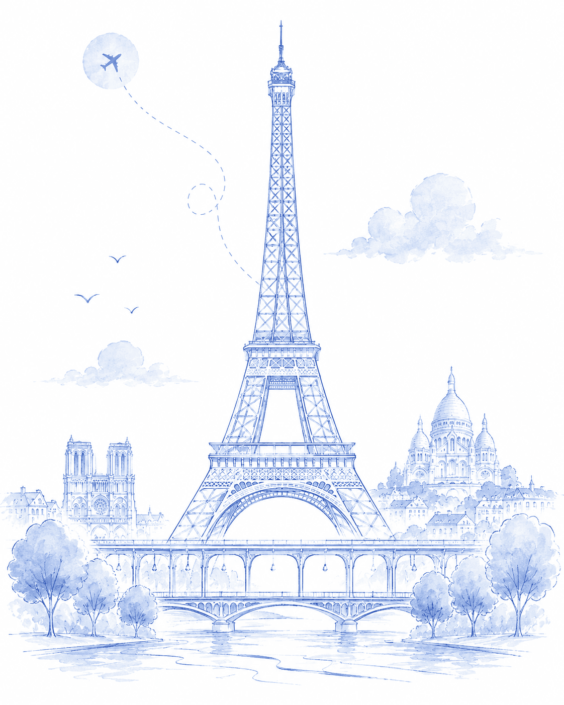 Torre Eiffel, Notre-Dame, Sacré-Cœur e Sena em aquarela